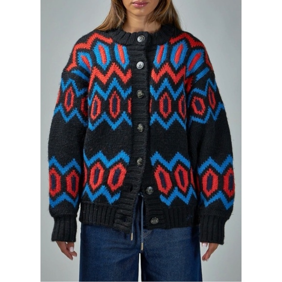 Ganni Sweaters - GANNI Black Red Blue Intarsia Organic Wool Chunky Knit Oversize Cardigan Sweater